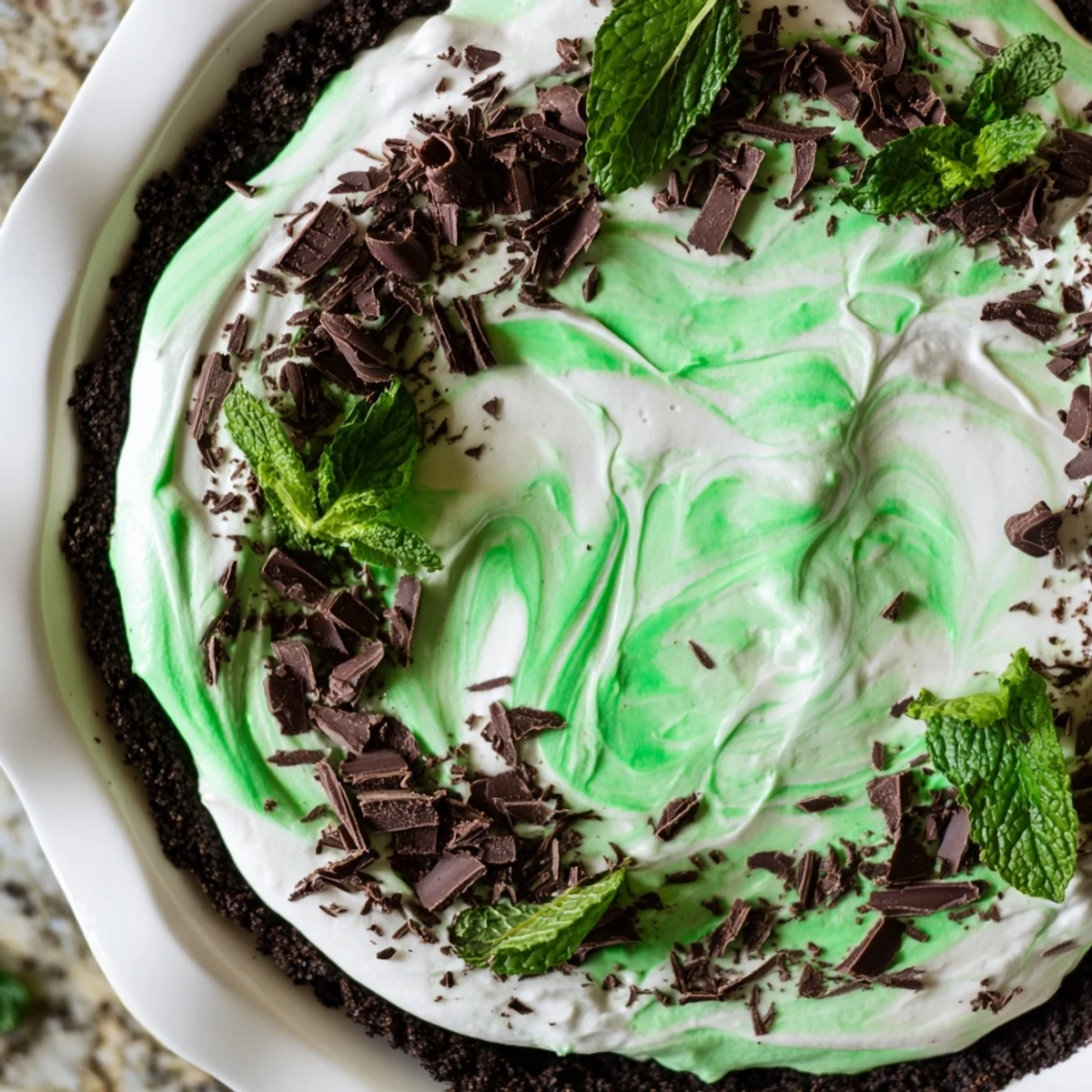 Slice of Shamrock Swirl pie showing vibrant green marbled cream atop chocolate crumb crust