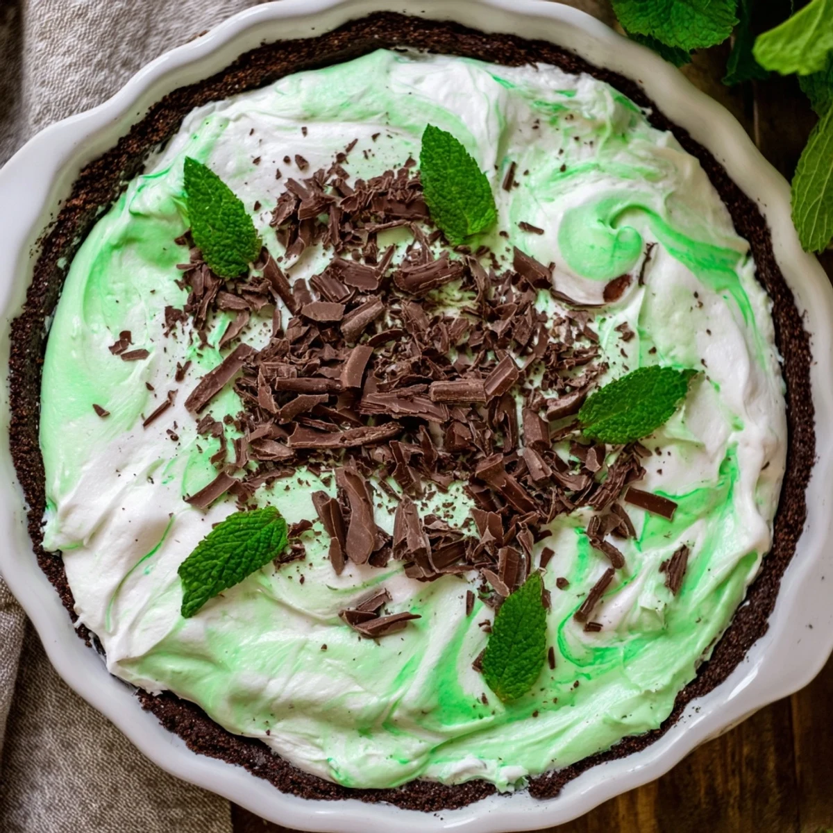 St. Patrick's Day Shamrock Swirl pie topped with whipped cream swirls and fresh mint leaves