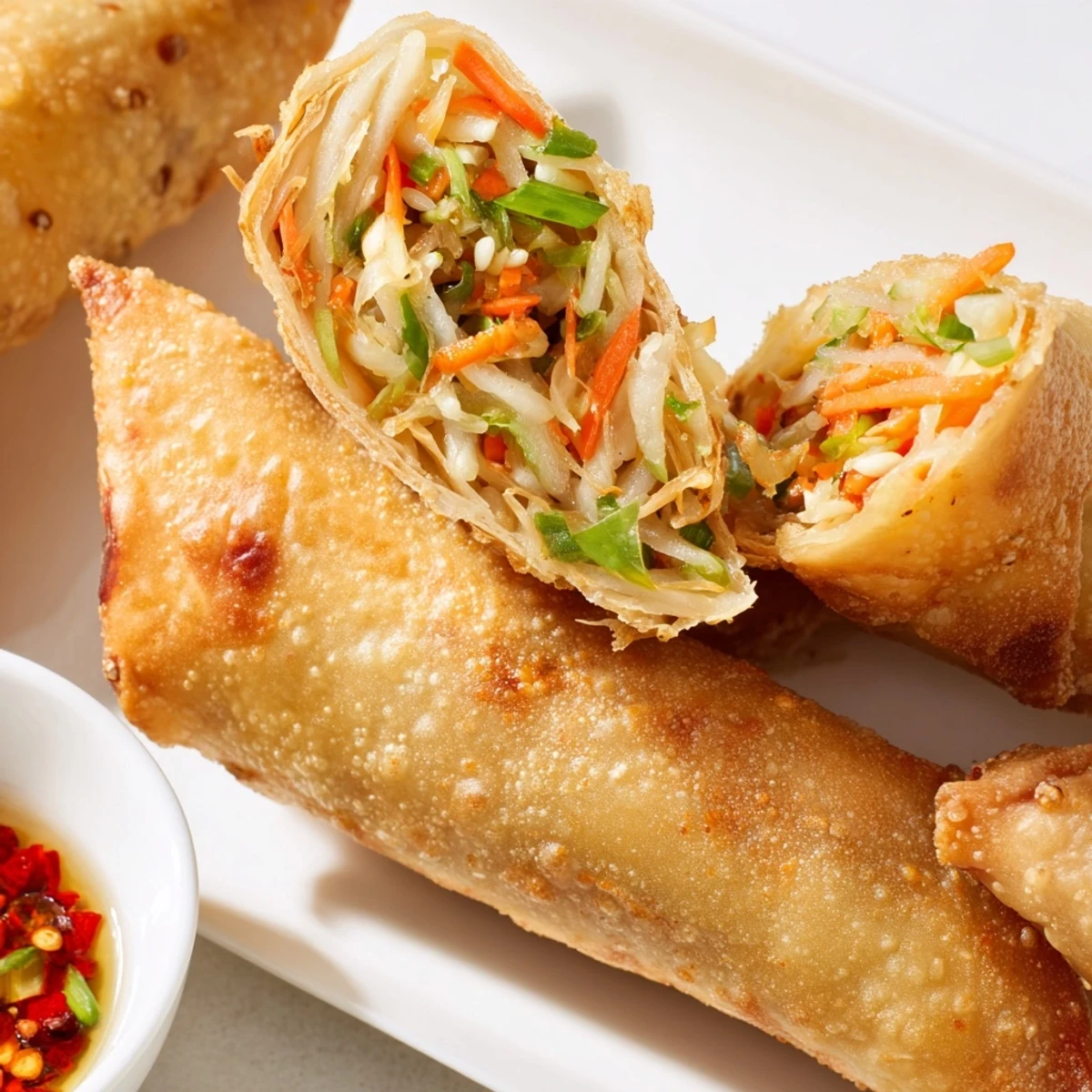 Crispy vegetarian air fryer spring rolls filled with shredded vegetables served with sauce