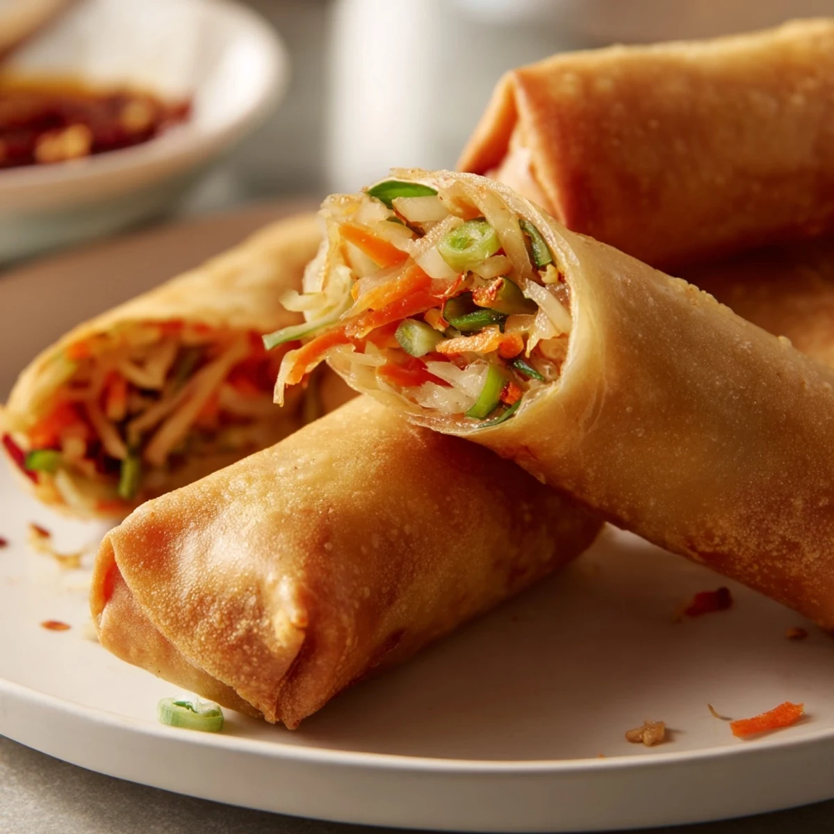Golden brown air fryer spring rolls arranged on platter with spicy soy dipping sauce