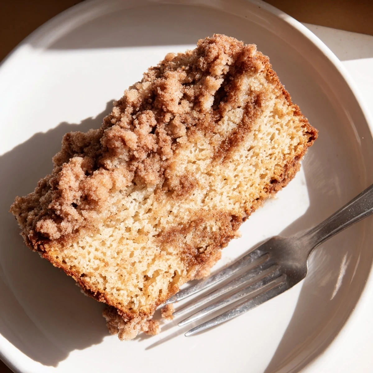 Golden loaf of cinnamon crumb banana bread with crunchy brown sugar topping on a white plate
