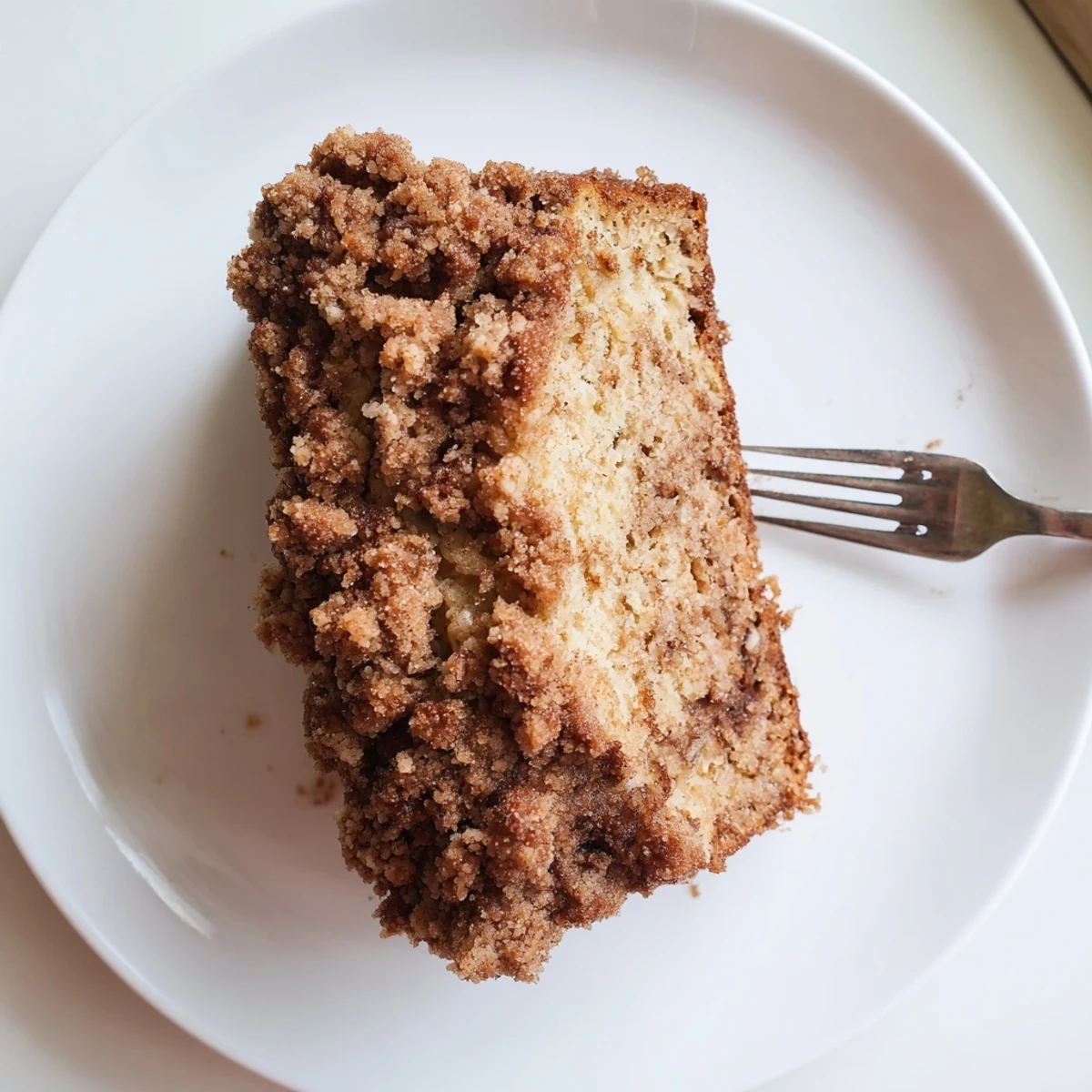 Sliced cinnamon crumb banana bread revealing soft moist interior topped with buttery cinnamon streusel crumbles