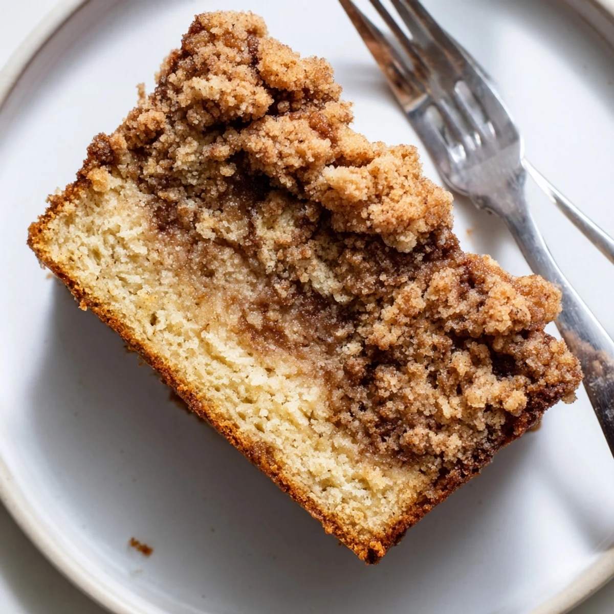 Freshly baked cinnamon crumb banana bread loaf dusted with spiced sugar topping ready for slicing
