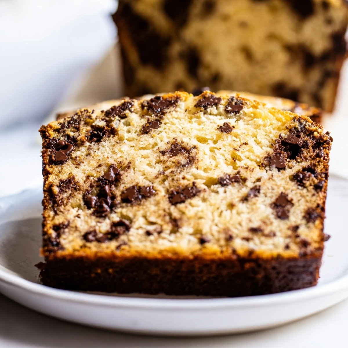 Freshly baked chocolate chip banana bread slice on a wooden board ready for breakfast