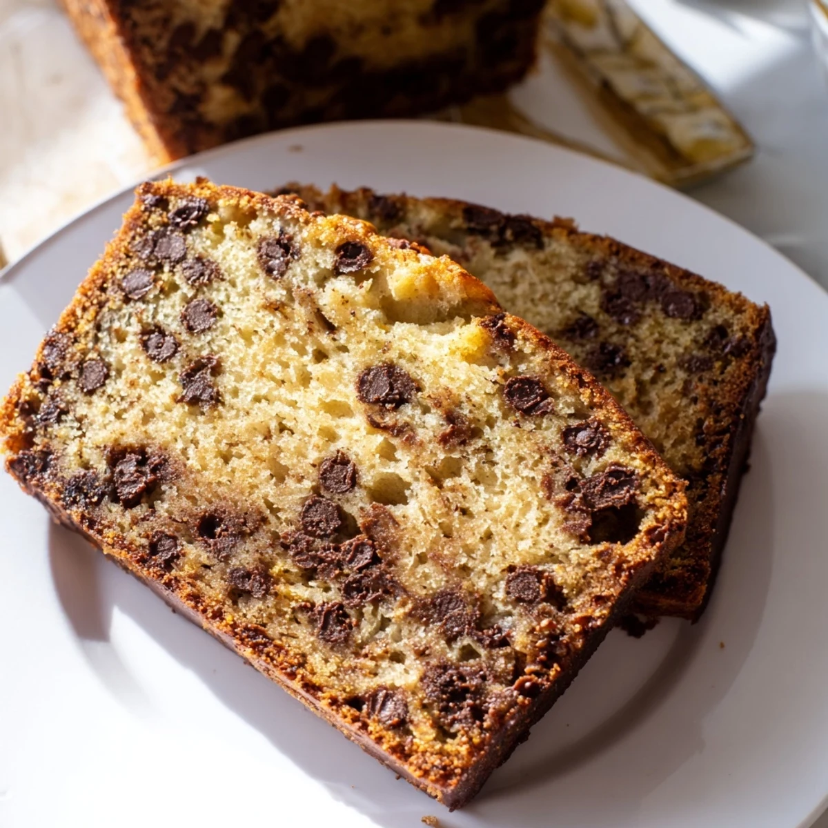 Warm chocolate chip banana bread loaf topped with scattered chocolate chips on a cooling rack
