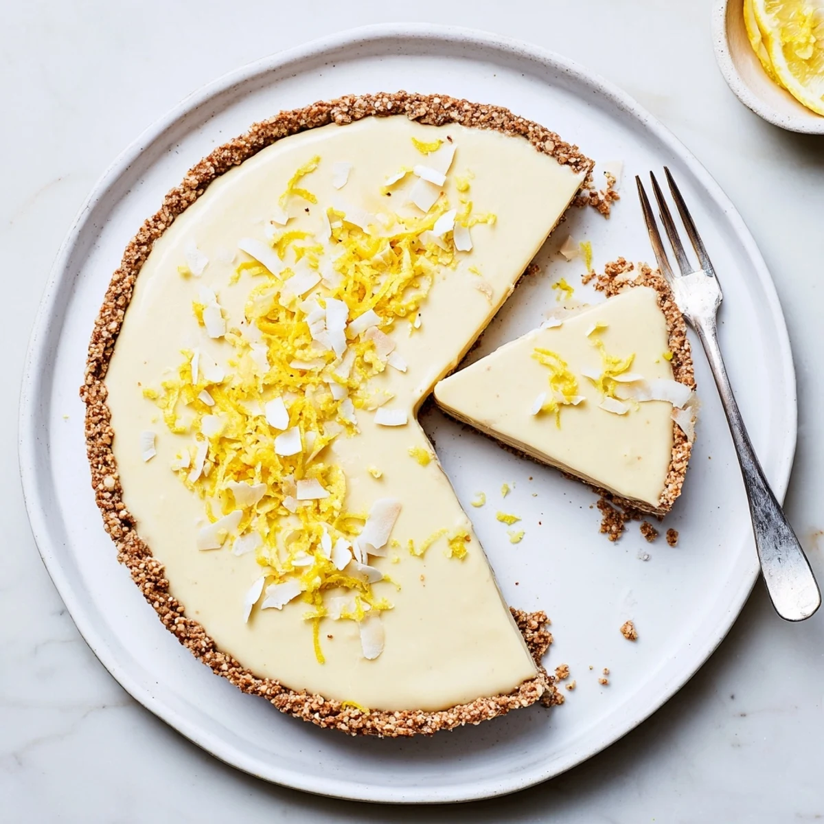 Creamy no bake vegan lemon tart with smooth yellow filling and nutty crust garnished with fresh lemon zest