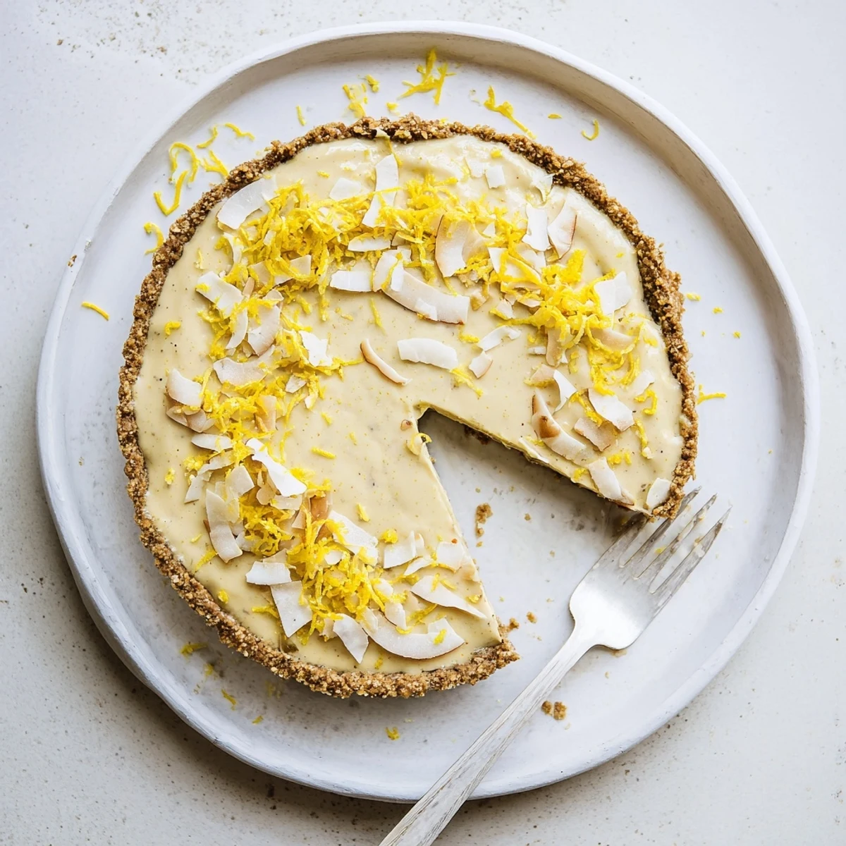 Golden no bake vegan lemon tart slice on white plate topped with coconut flakes and berries
