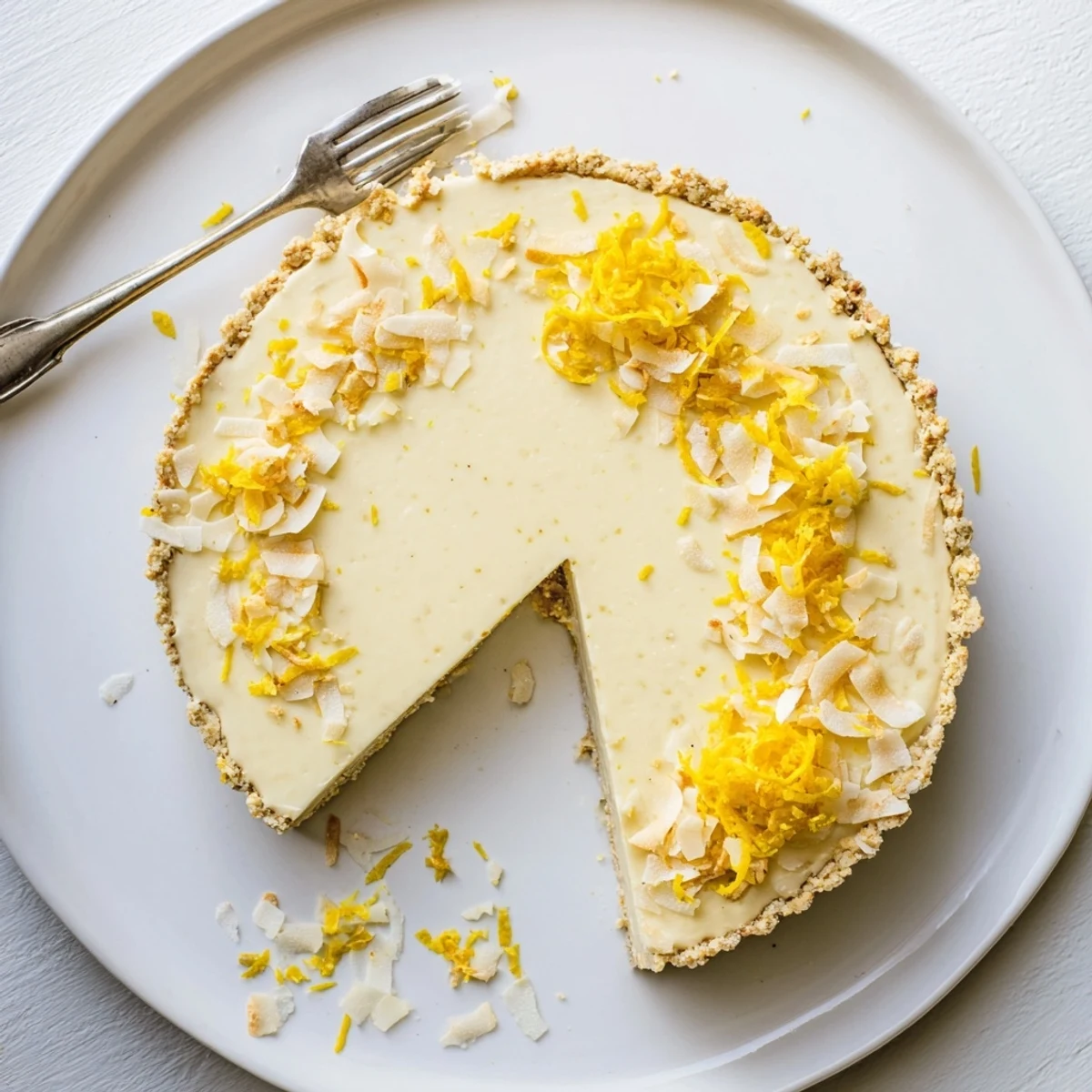 Beautiful no bake vegan lemon tart with vibrant citrus filling in crumbly almond oat crust