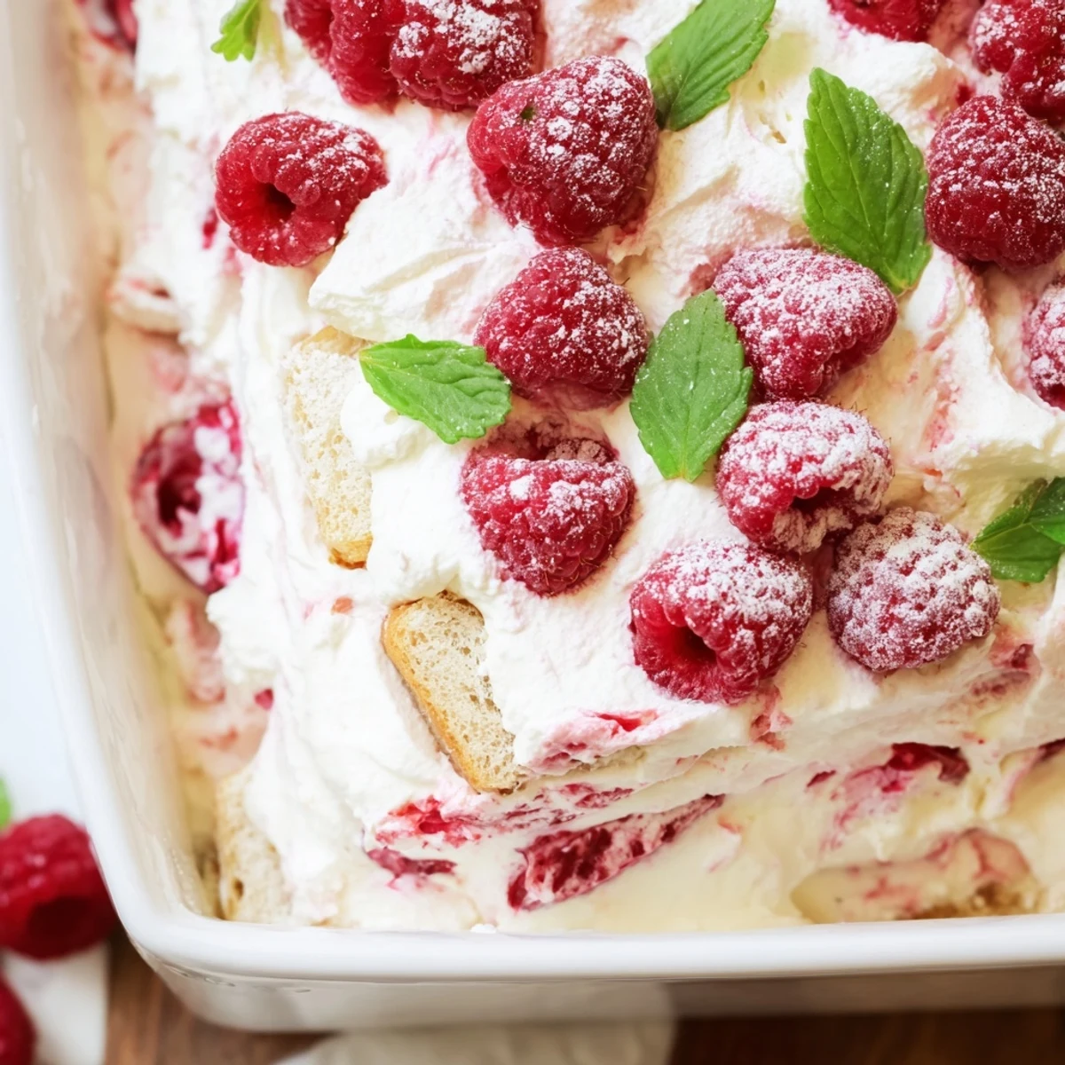 Raspberry tiramisu dessert layered with coffee-dipped ladyfingers and creamy mascarpone