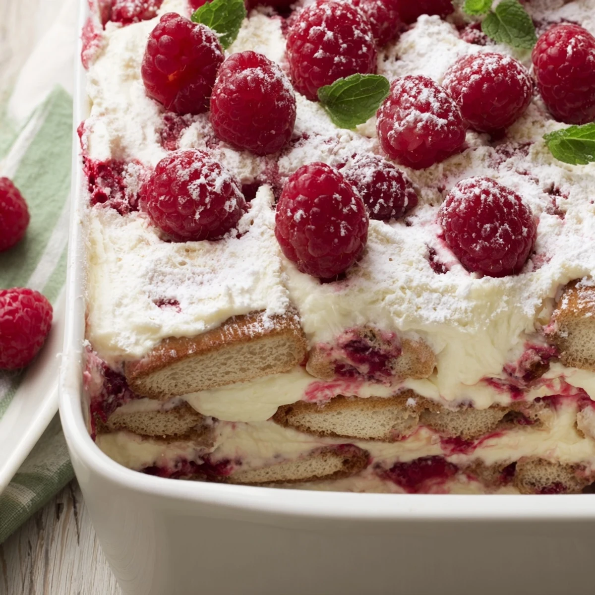Fresh raspberry tiramisu slices topped with powdered sugar and mint garnish