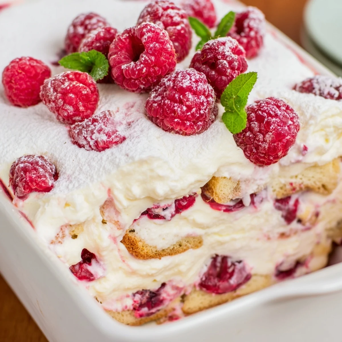 Glass dish of raspberry tiramisu showing alternating layers of mascarpone and fruit