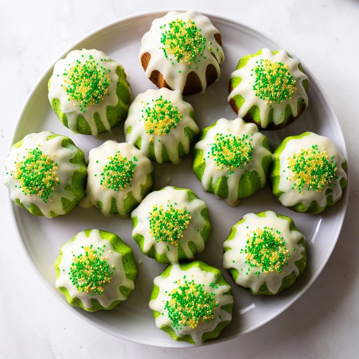 Vibrant green velvet mini bundt cakes topped with creamy vanilla glaze and festive green and gold sprinkles on a white plate