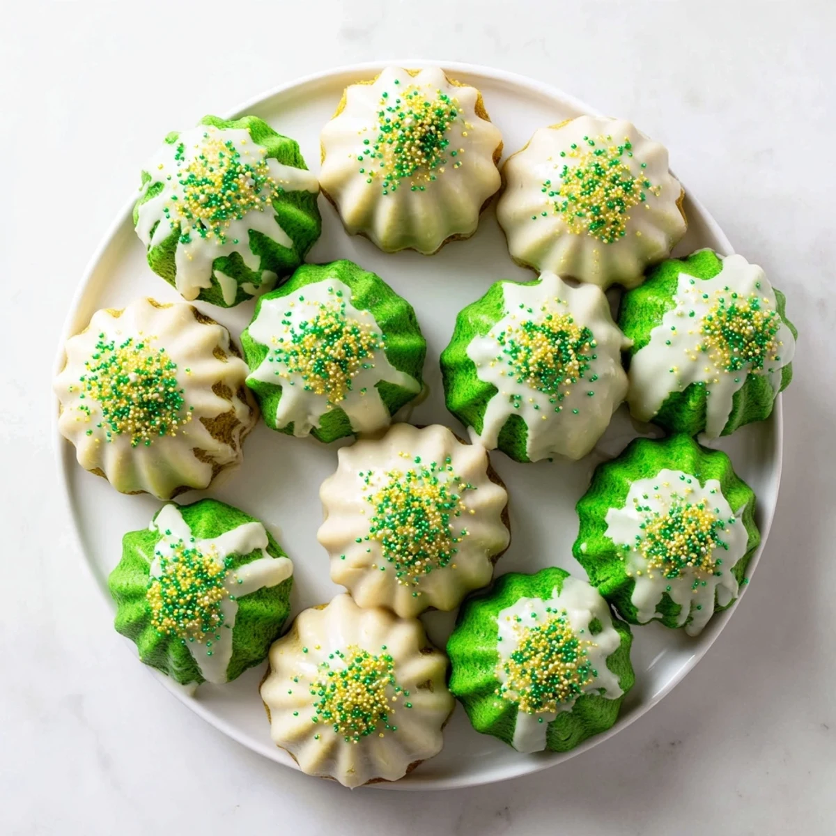 Moist St. Patricks Day mini bundt cakes with subtle chocolate flavor drizzled with sweet white icing and colorful decoration