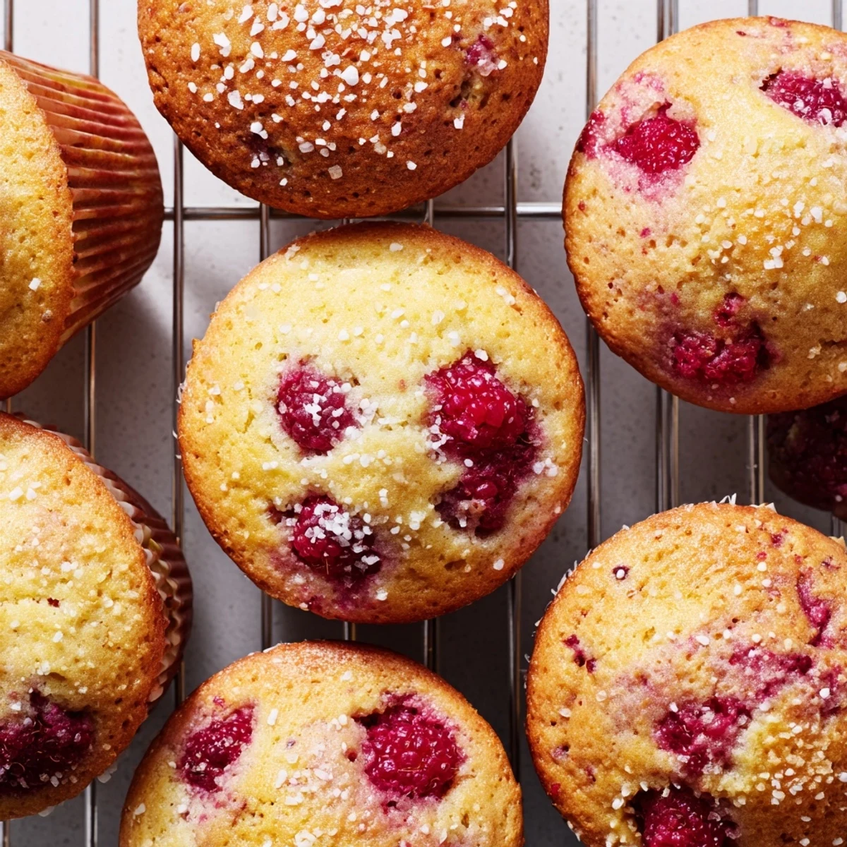 Batch of twelve freshly baked lemon raspberry muffins cooling on wire rack with golden tops
