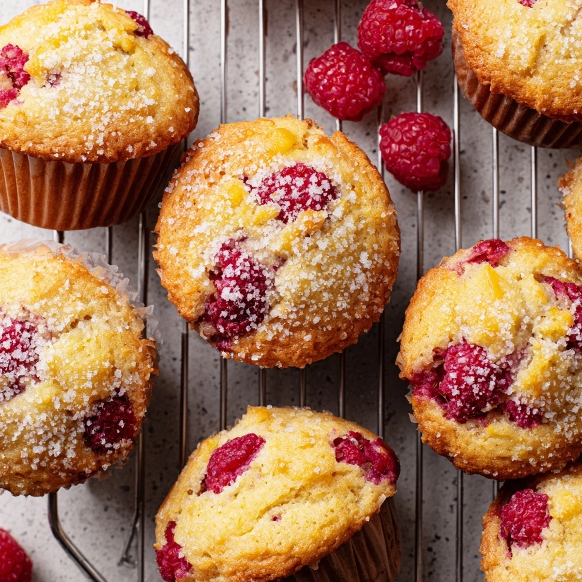 Fluffy breakfast muffins studded with bright red raspberries and lemon zest on white serving plate