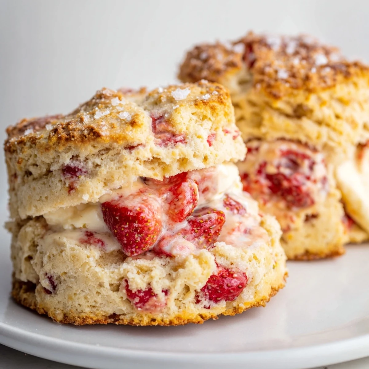 Fresh baked strawberry scones with red berry pieces on a white plate