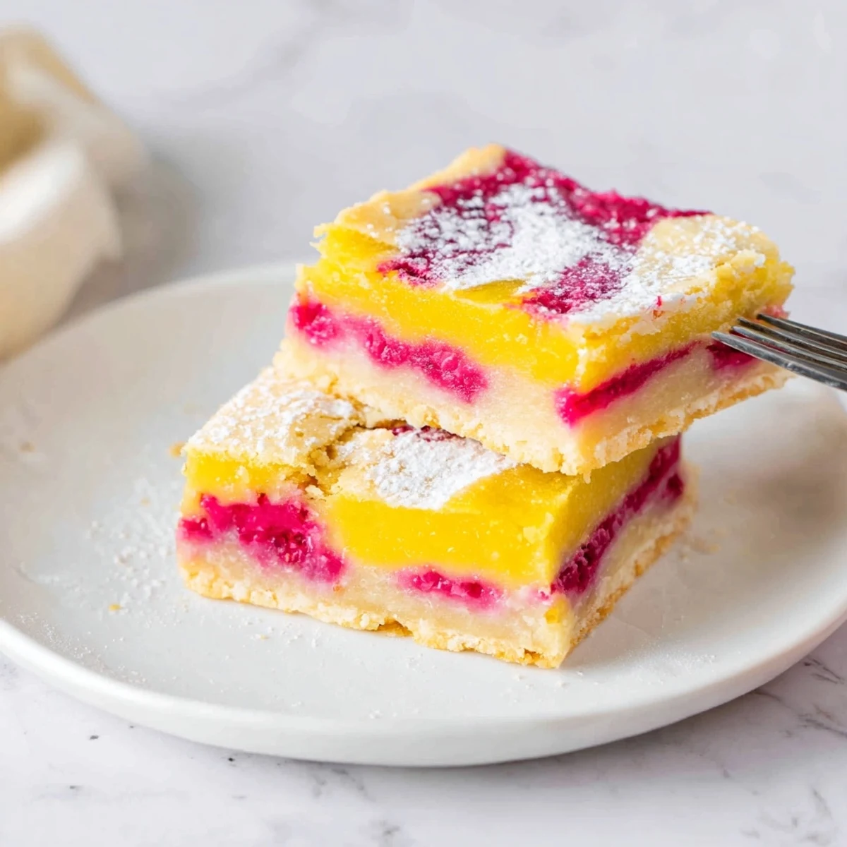 Golden lemon raspberry swirl bars with marbled fruit topping on buttery shortbread crust