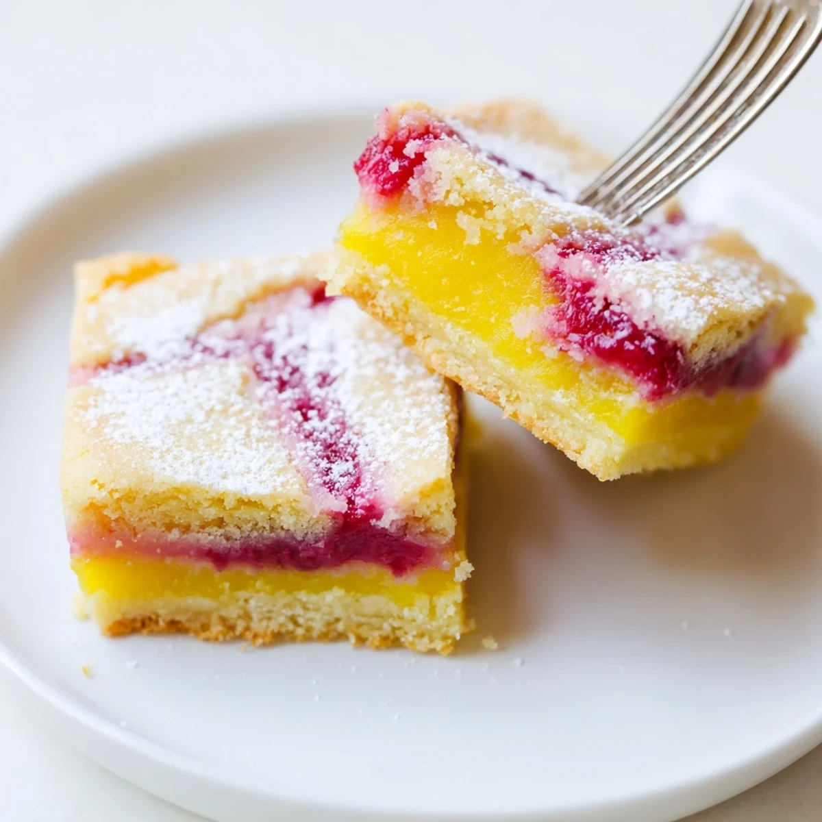 Tangy lemon bars featuring vibrant raspberry swirls atop a flaky homemade shortbread base