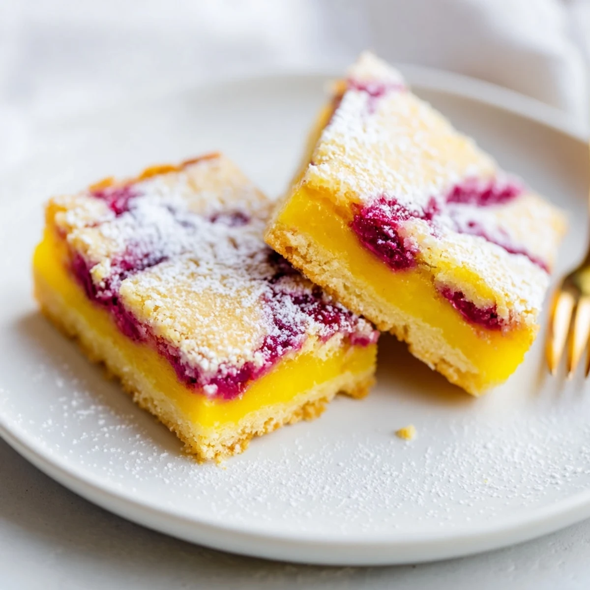 Fresh lemon raspberry swirl bars dusted with powdered sugar on a serving platter