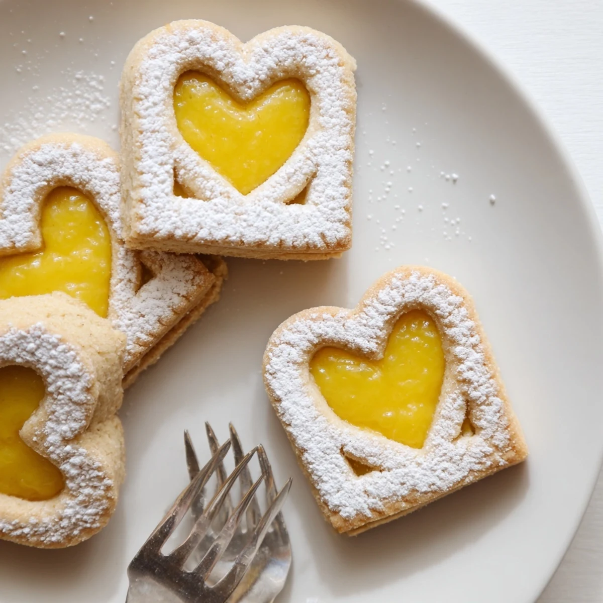 Golden Meyer lemon curd sandwich cookies with window cutouts and powdered sugar dusting