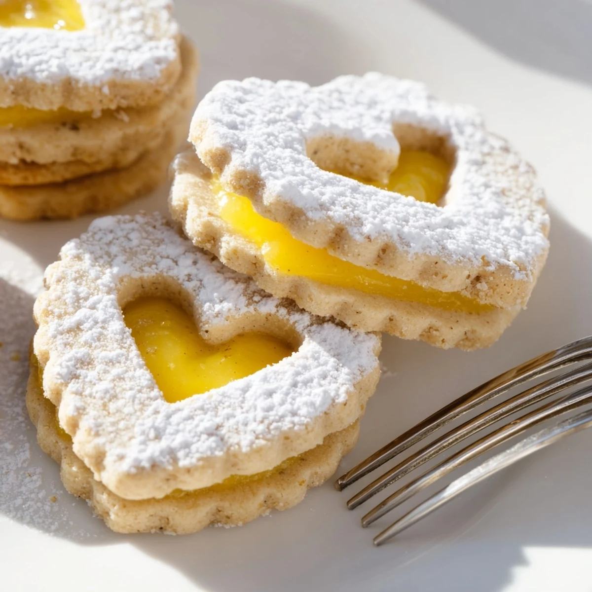 Tender Linzer cookies filled with bright Meyer lemon curd on white serving plate