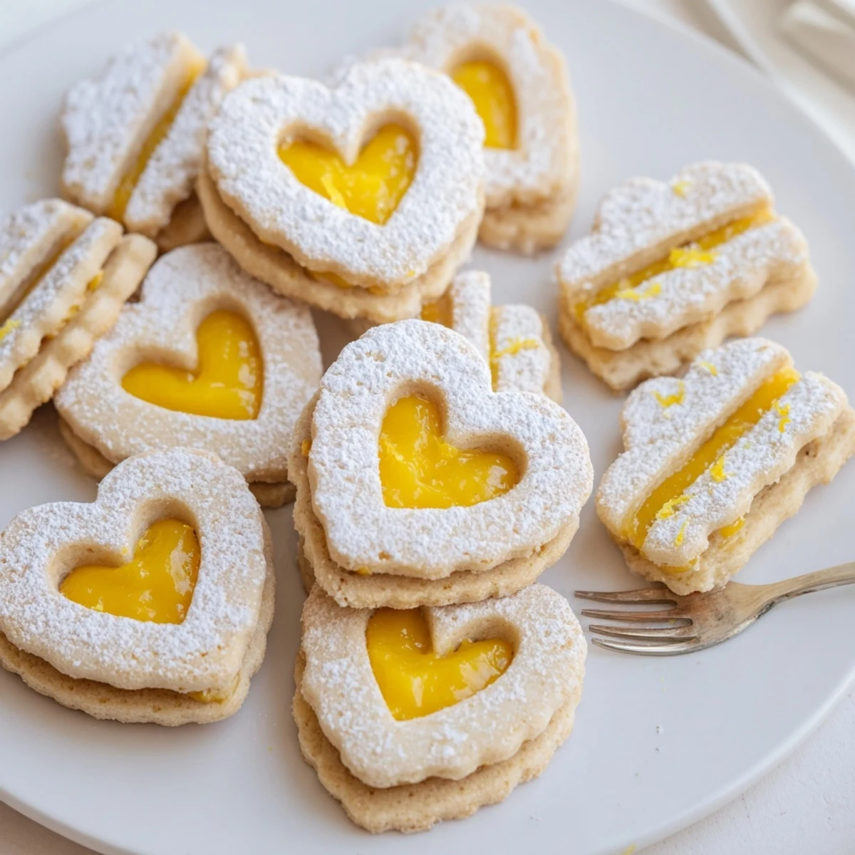 Buttery almond flour sandwich cookies oozing tangy Meyer lemon curd through decorative windows