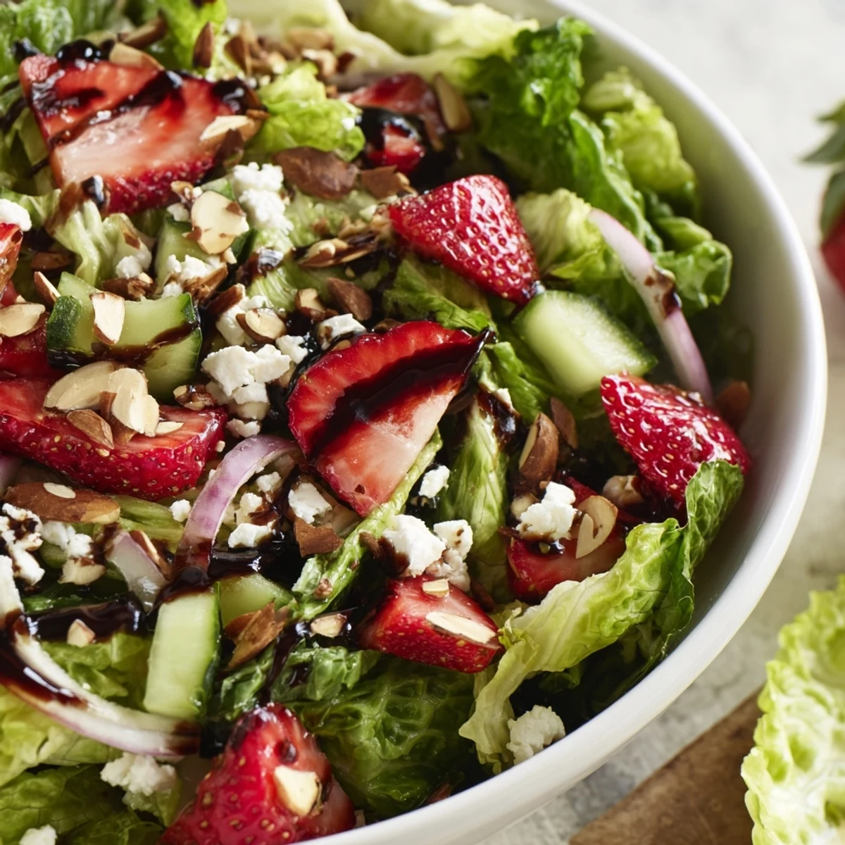 Colorful bowl of crunchy strawberry romaine feta salad topped with fresh sliced strawberries and crumbled feta cheese