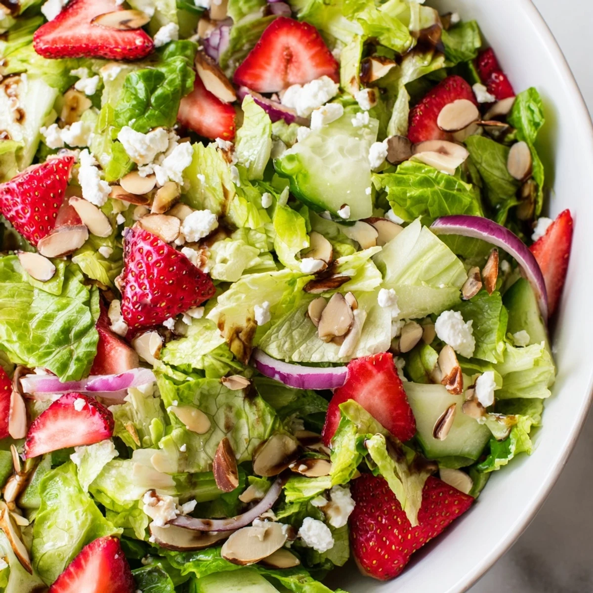 Vibrant crunchy strawberry romaine feta salad drizzled with balsamic dressing and sprinkled with crunchy almonds
