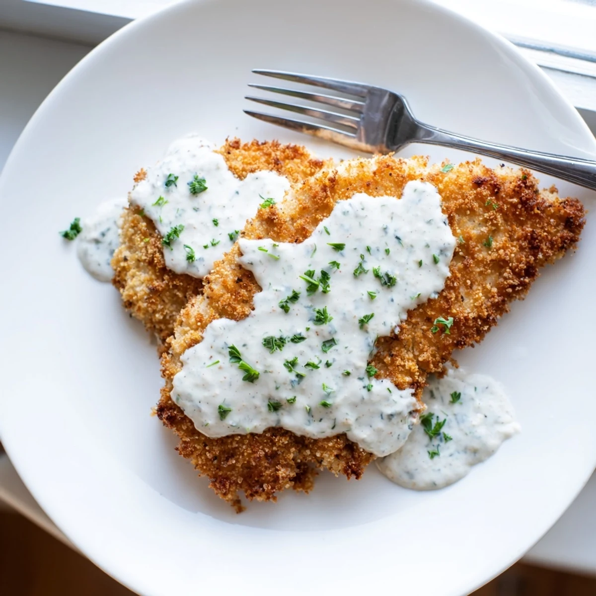 Golden brown Parmesan crusted chicken breasts drizzled with rich creamy garlic sauce on a white serving plate