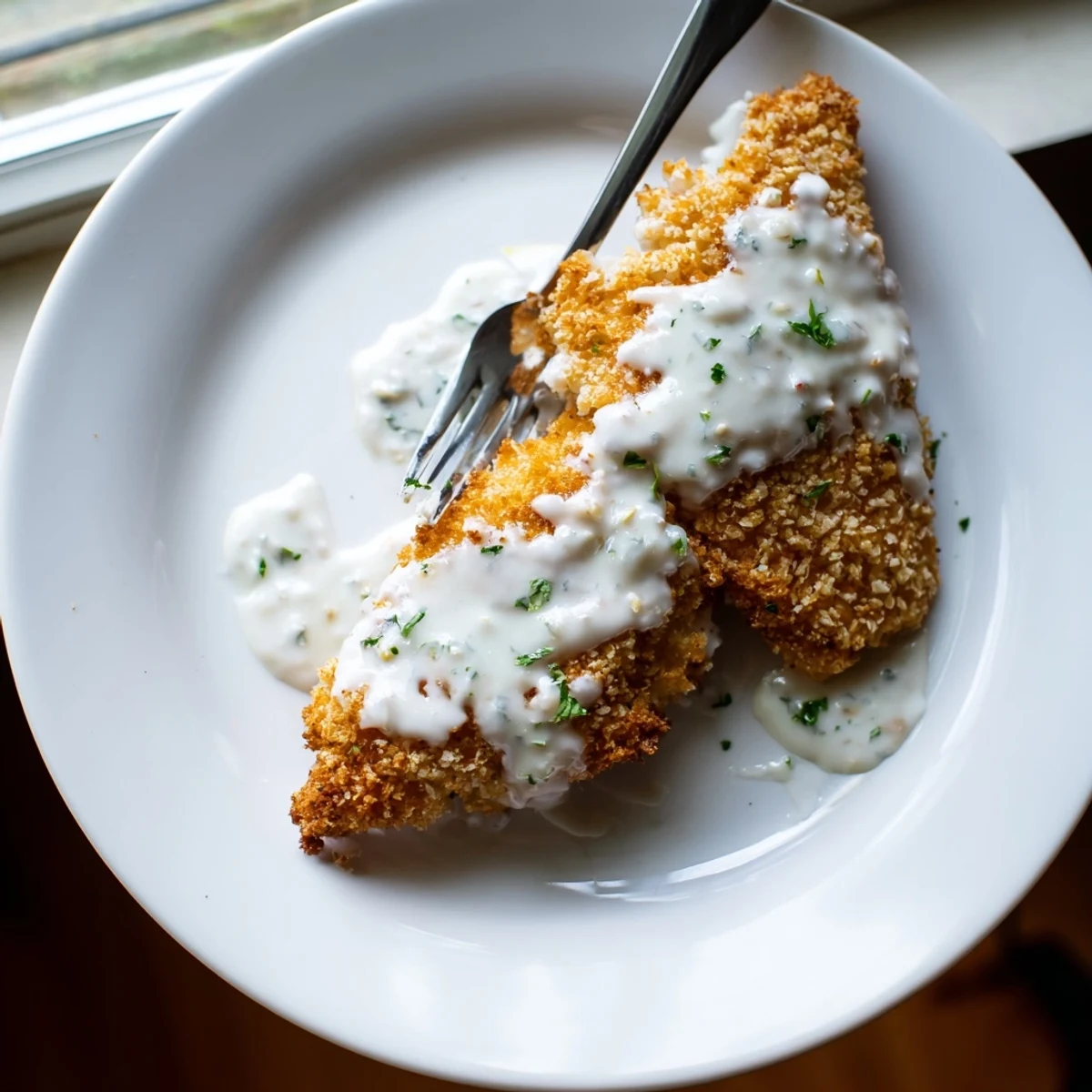 Juicy baked chicken topped with crispy Parmesan coating served alongside velvety garlic sauce garnished with fresh parsley