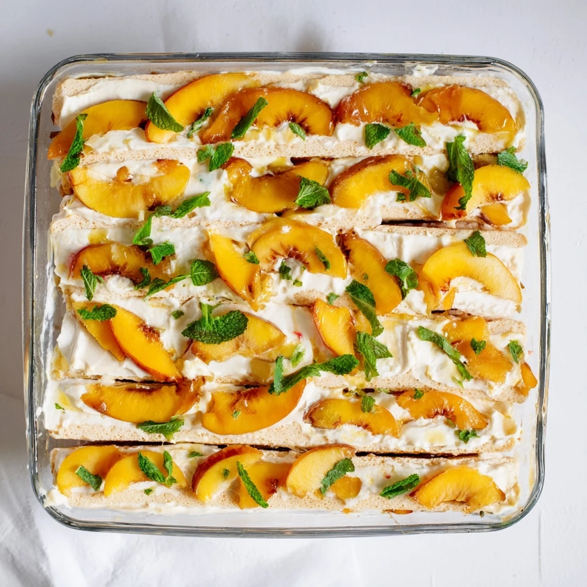 Golden peach tiramisu layered with sweet sliced peaches, fluffy mascarpone cream, and soft ladyfingers in a glass serving dish