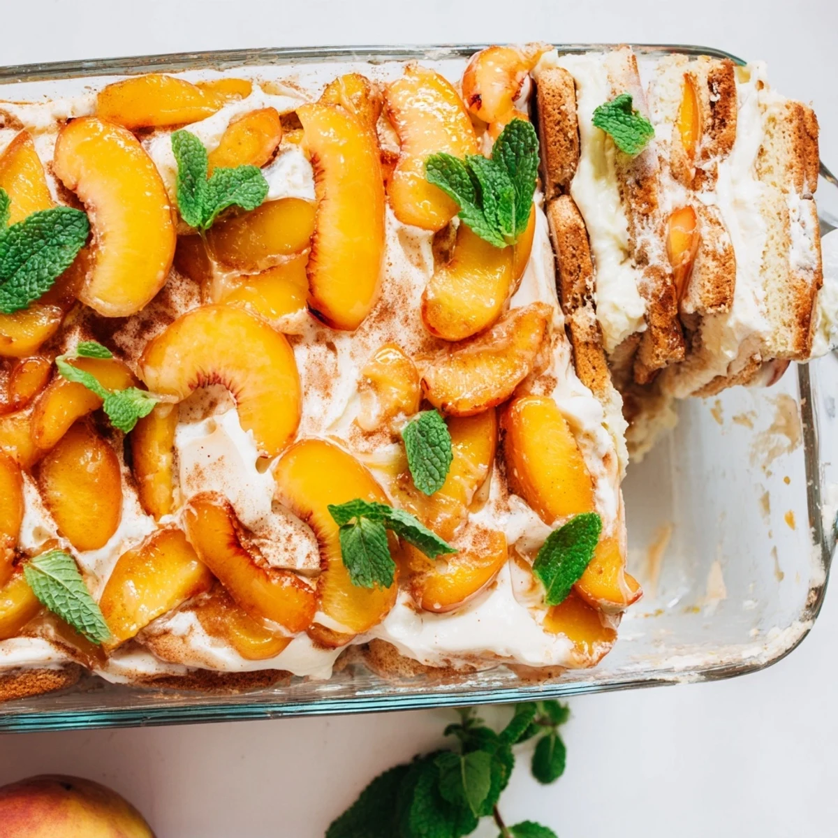 Summer peach tiramisu dessert arranged in layers with ripe peach slices, creamy mascarpone filling, and mint garnish on top