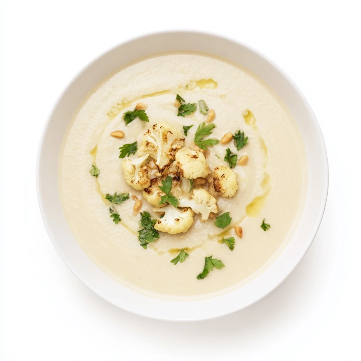 Creamy Mediterranean cauliflower soup bowl garnished with parsley, pine nuts, and roasted florets