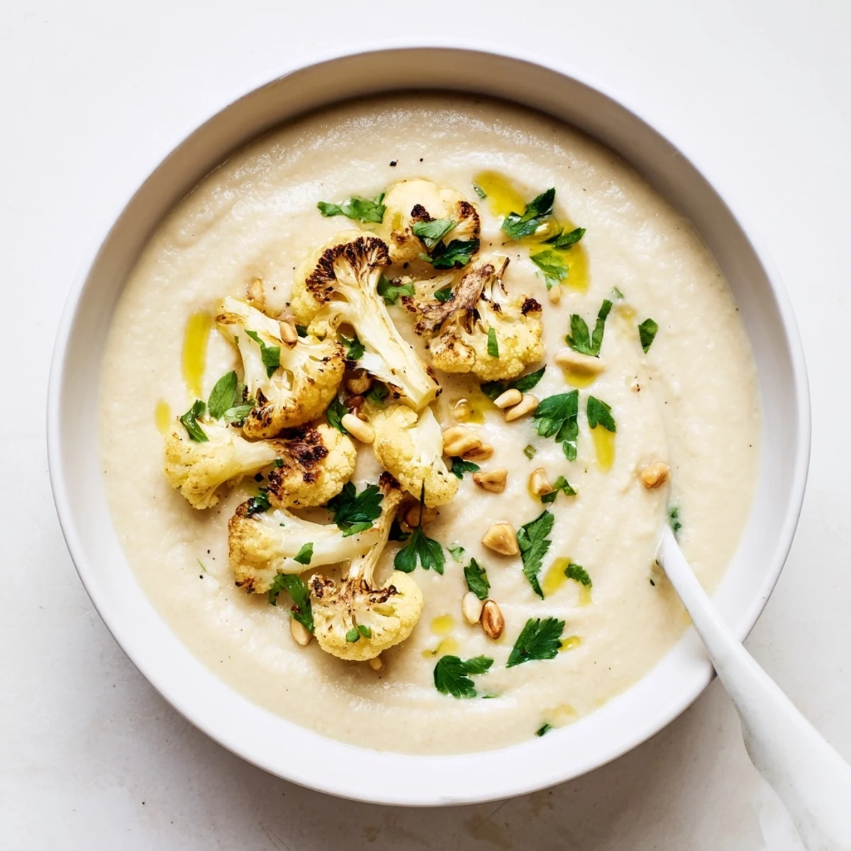 Velvety roasted cauliflower soup with lemon, herbs, and olive oil drizzle in white bowl