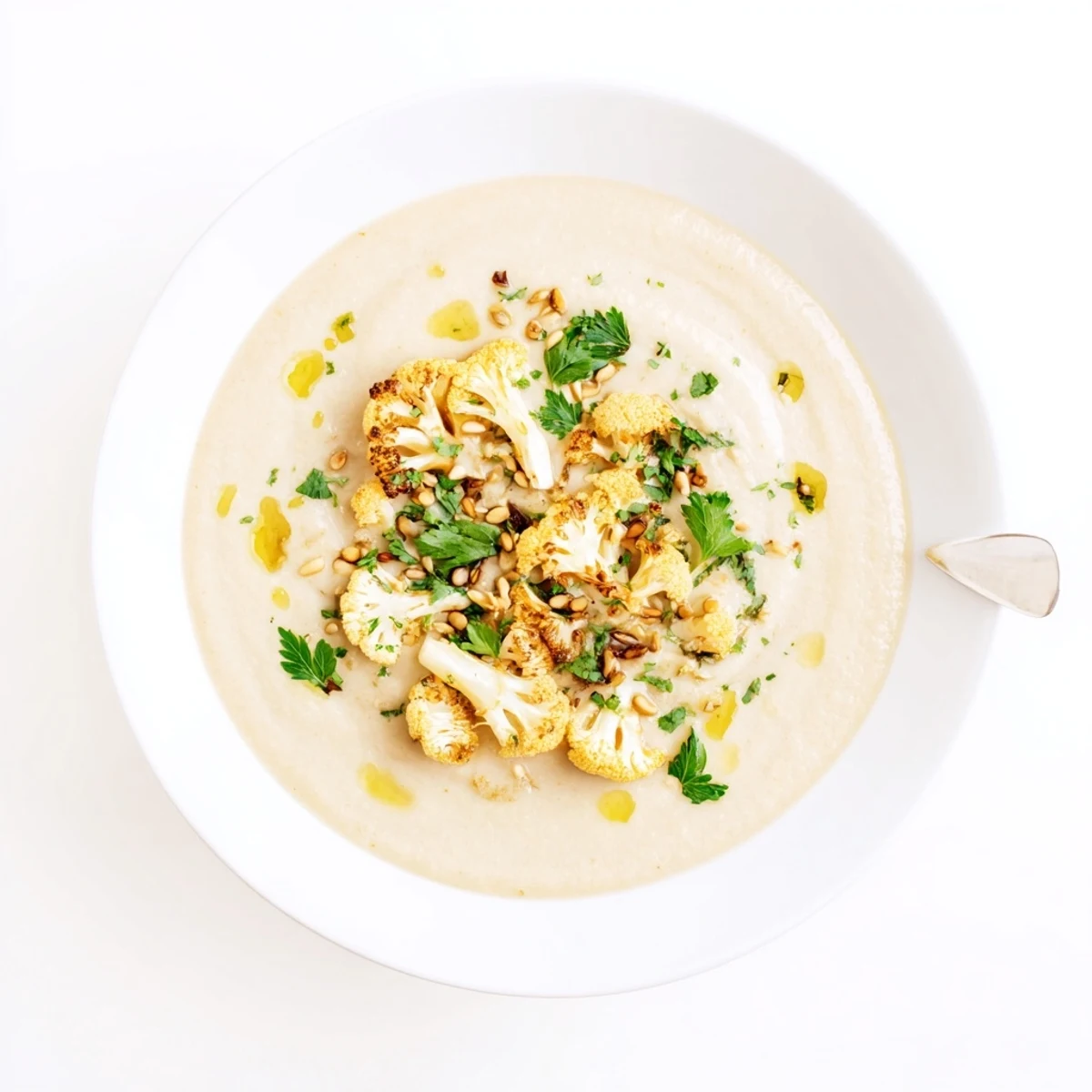 Golden Mediterranean cauliflower soup with toasted pine nuts and fresh parsley garnish on rustic surface