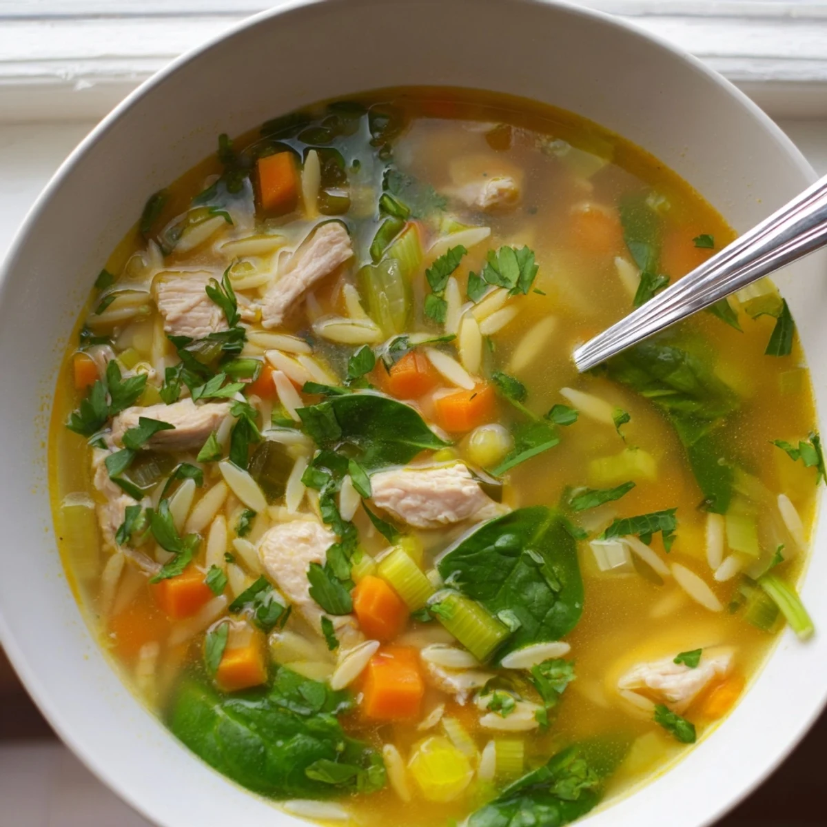 Steamy bowl of spring lemon chicken orzo soup featuring tender chicken pieces and bright orzo pasta in a golden, citrus-infused broth