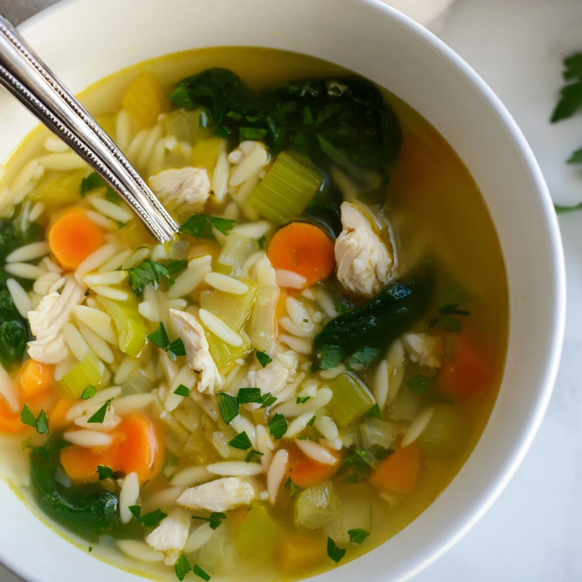 Creamy spring lemon chicken orzo soup garnished with fresh parsley and grated Parmesan, showcasing tender vegetables and al dente pasta