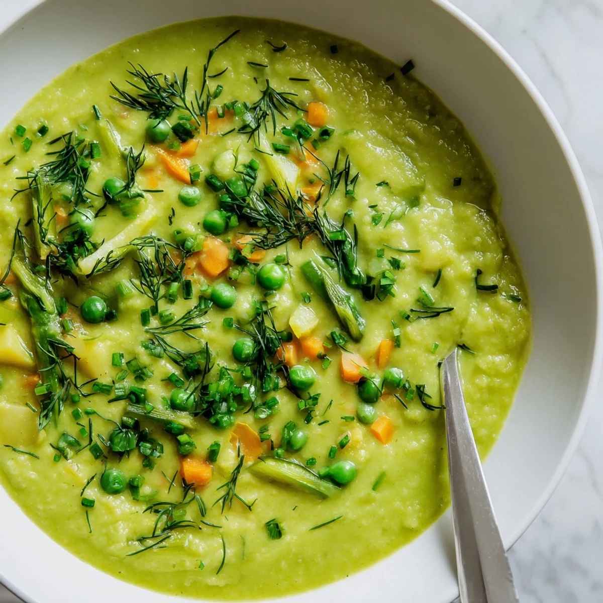 Velvety creamy spring vegetable soup featuring vibrant asparagus, peas, and carrots in a rich broth.