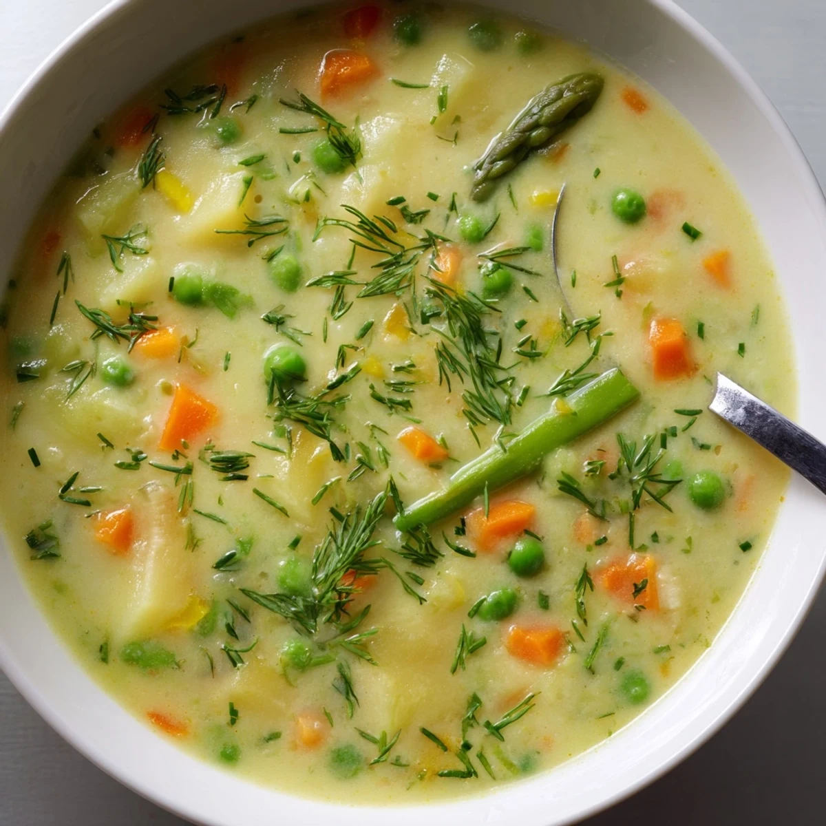 Bowl of creamy spring vegetable soup garnished with fresh dill and crisp asparagus tips on top.