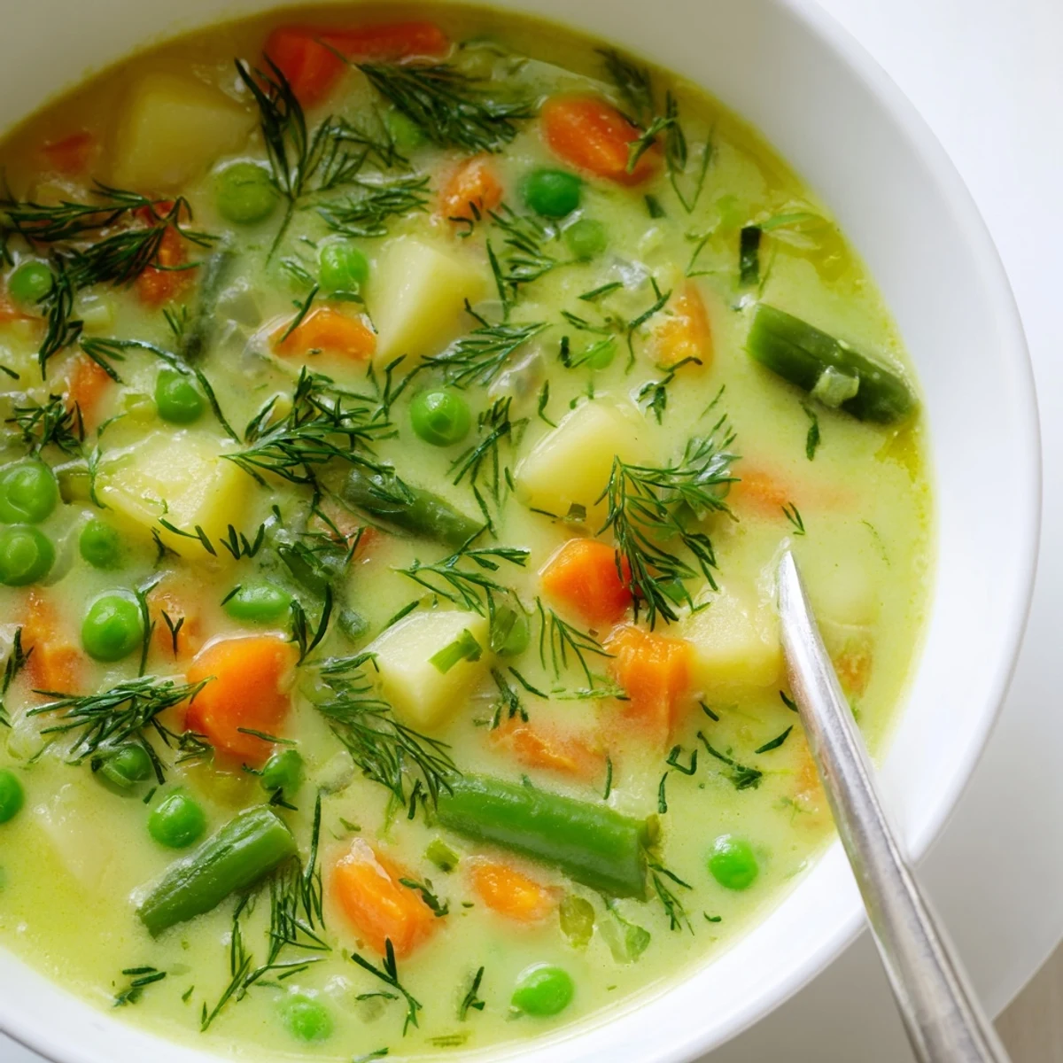 Golden creamy spring vegetable soup packed with tender zucchini, carrots, and green peas in a smooth texture.