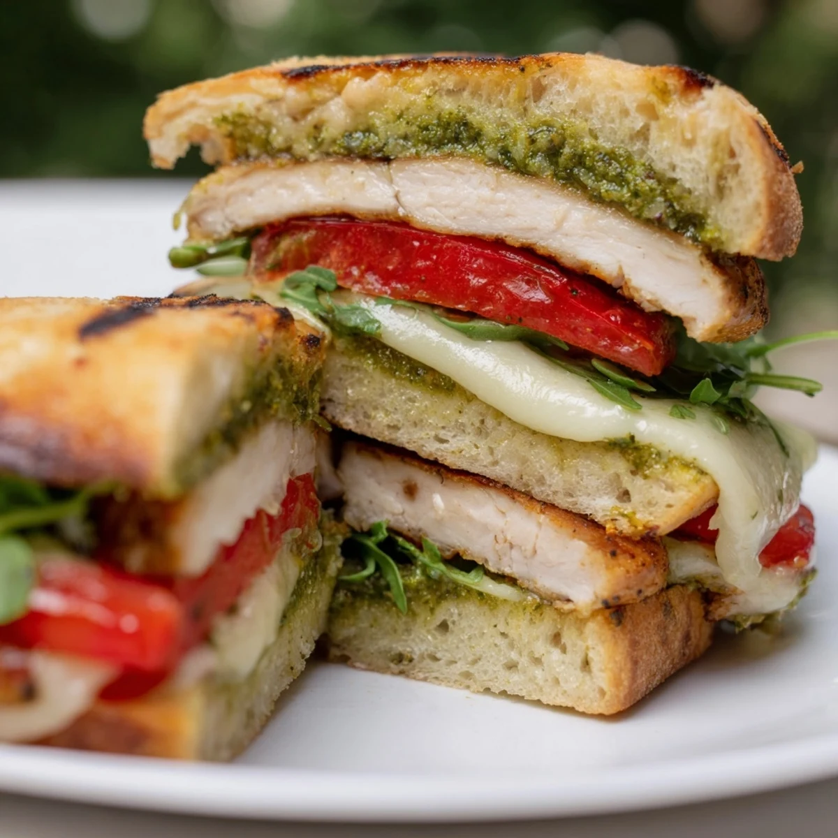 Golden grilled chicken pesto sandwich layered with melted mozzarella on toasted ciabatta bread with fresh arugula and tomato slices