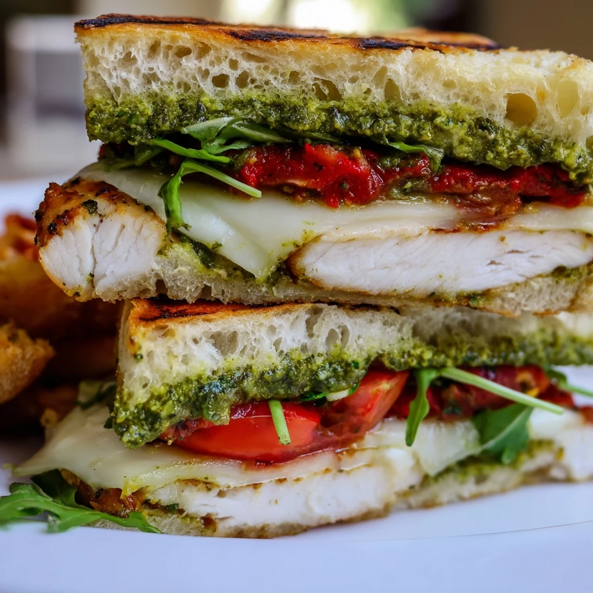 Close-up of chicken pesto sandwich showing juicy cutlets with creamy basil pesto and crisp greens on a rustic roll