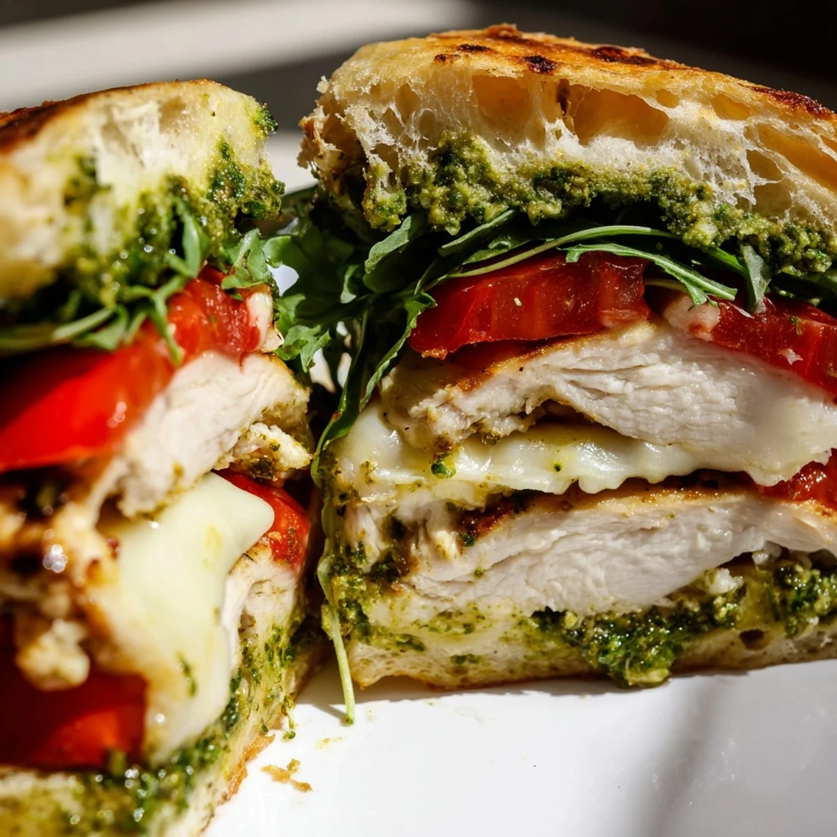 Sliced chicken pesto sandwich on a wooden board revealing layers of grilled meat, melted cheese, and vibrant fresh vegetables