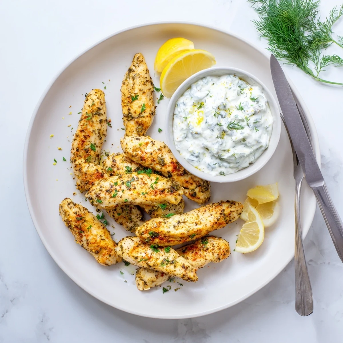 Golden pan-seared Mediterranean chicken tenders served with creamy lemon garlic yogurt dipping sauce