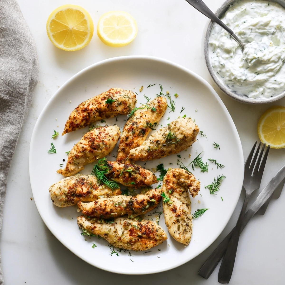 Juicy herb crusted Mediterranean chicken tenders garnished with fresh parsley and lemon wedges on white plate