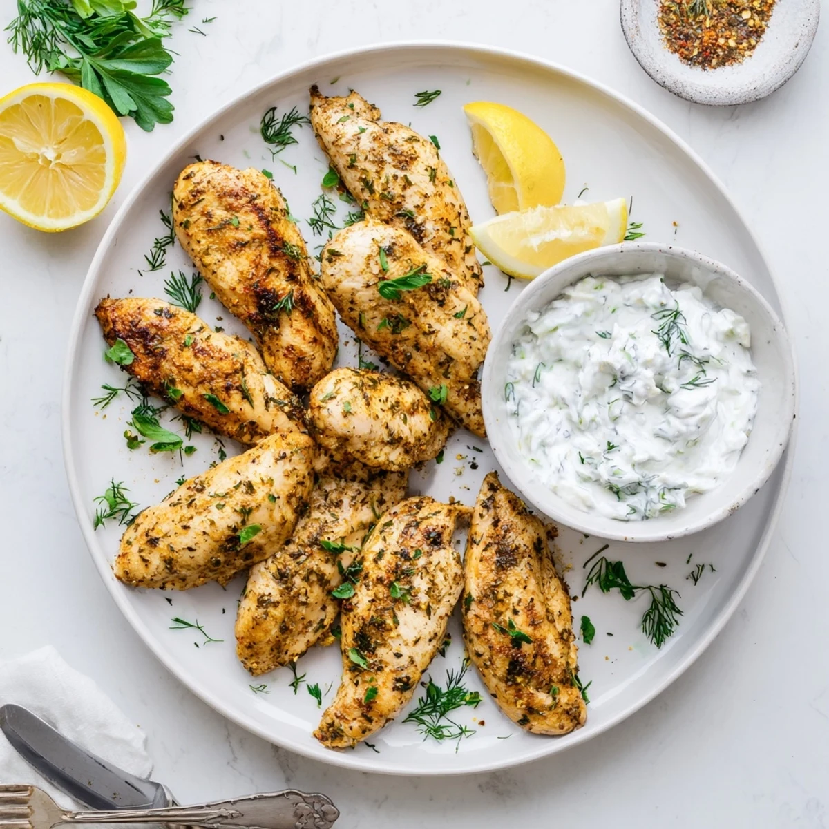 Mediterranean chicken tenders with aromatic spices alongside cool Greek yogurt dip for easy weeknight dinner