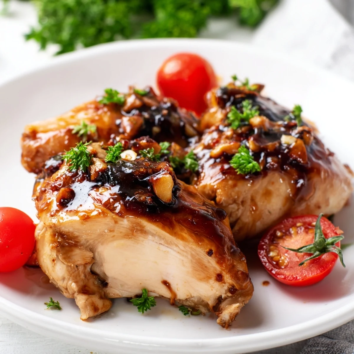 Golden brown Balsamic Baked Chicken Breast glistening with tangy caramelized glaze on a white plate