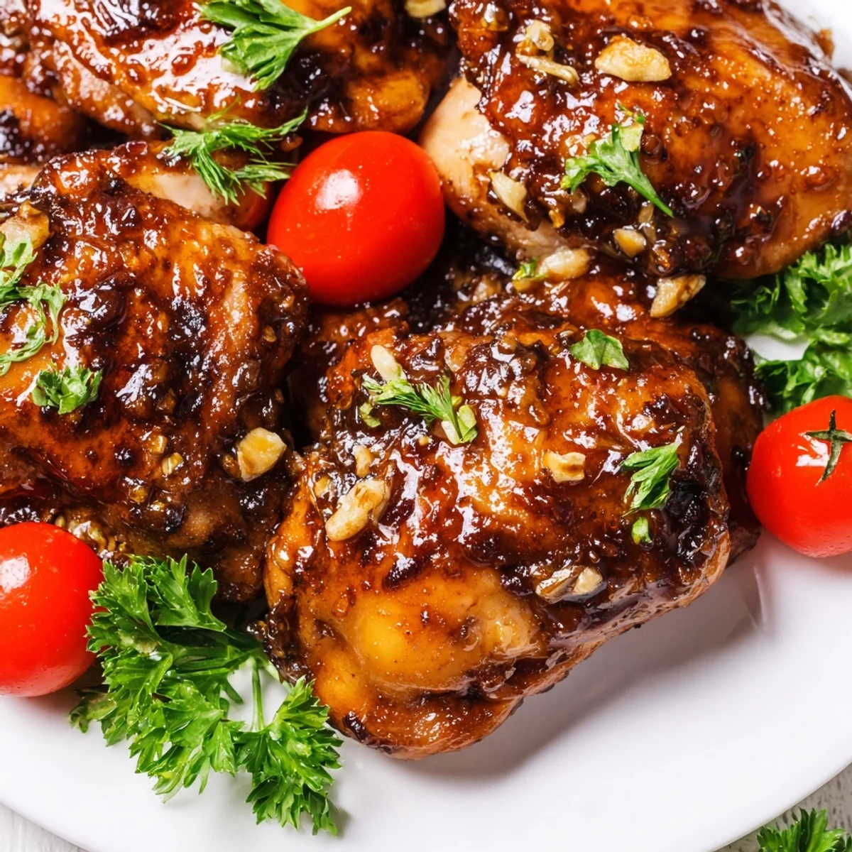 Perfectly baked Balsamic Baked Chicken Breast with rich dark marinade coating on a rustic wooden board