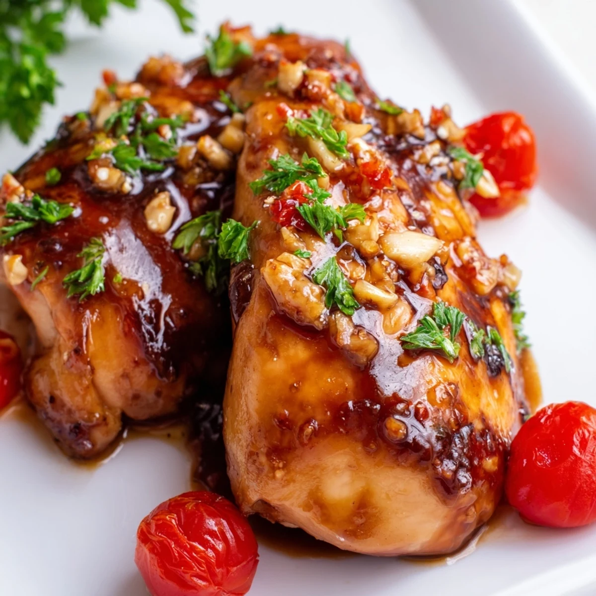 Tender juicy Balsamic Baked Chicken Breast resting beside fresh cherry tomatoes and chopped parsley garnish
