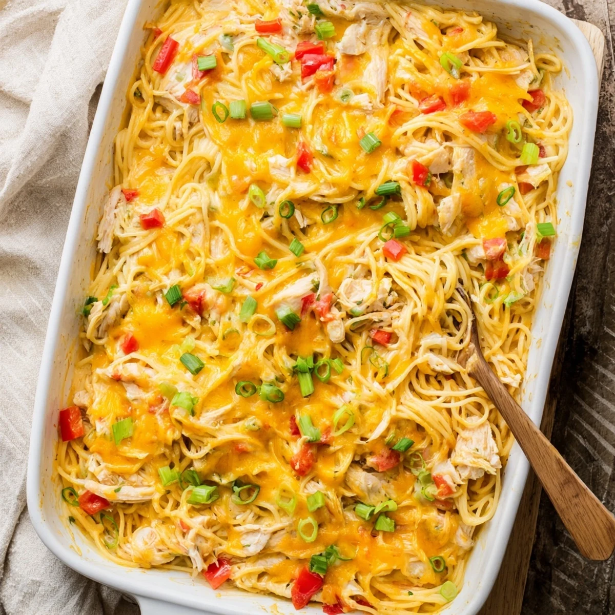 Creamy Monterey Jack cheese sauce coats tender spaghetti and juicy chicken in this bubbling comfort food casserole